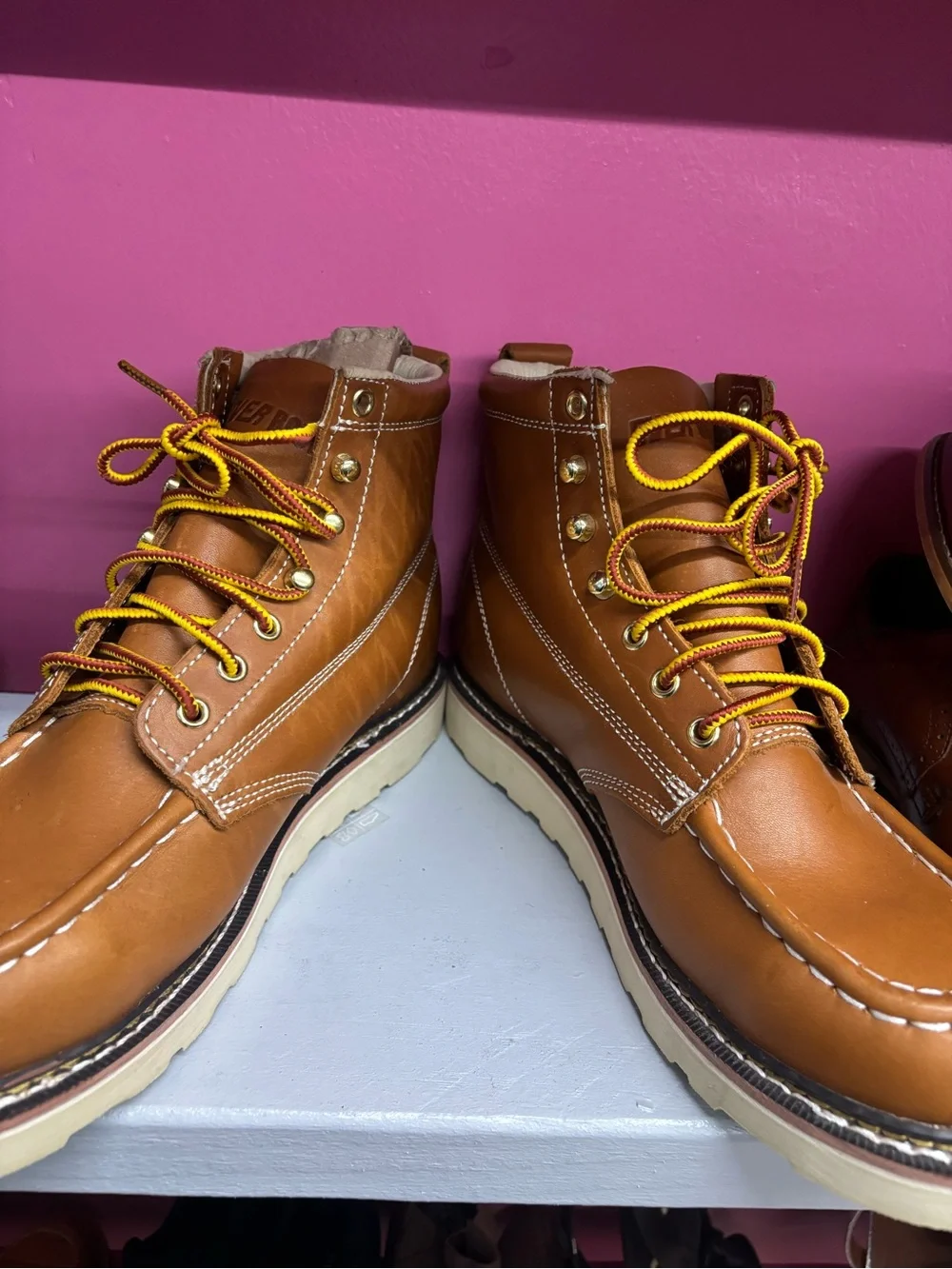 Men's Tan Moc Toe Work Boots with Yellow Contrast Laces